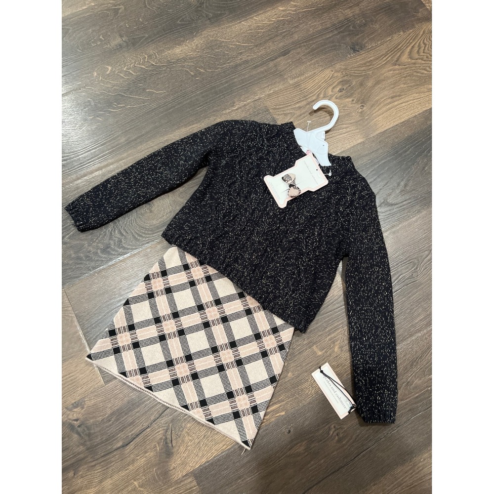 Cupcakes and Cashmere Girls 2PC Sweater Skirt Set Black Gold Metallic Plaid XS 4